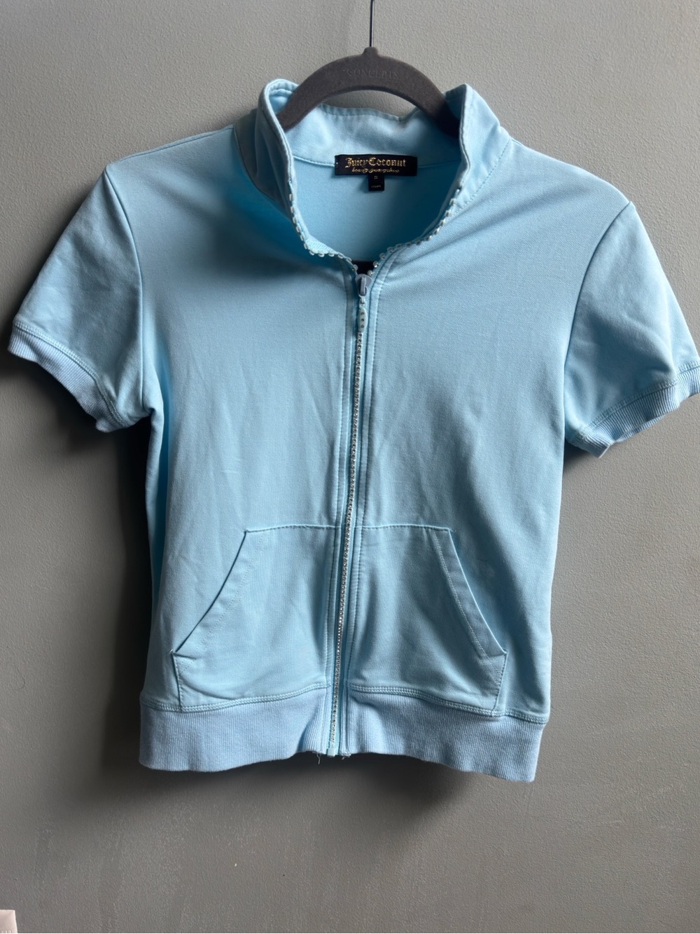 Y2K Juicy Coconut Pastel Blue Zip Up Jacket Sequin Rhinestone Crop Small - Picture 2 of 6